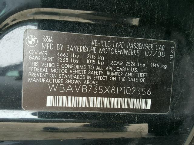 WBAVB735X8P102356 - 2008 BMW 335 I BLACK photo 10