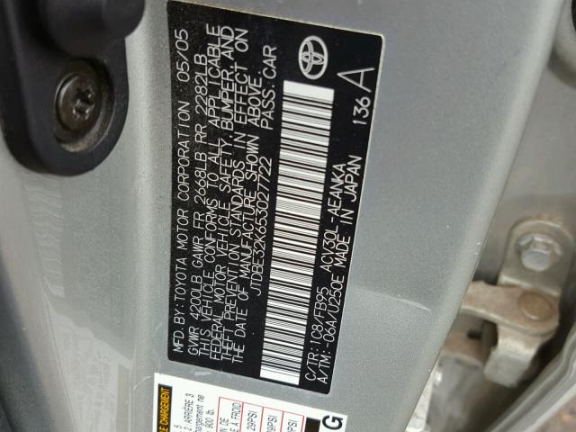 JTDBE32K653027722 - 2005 TOYOTA CAMRY LE SILVER photo 10