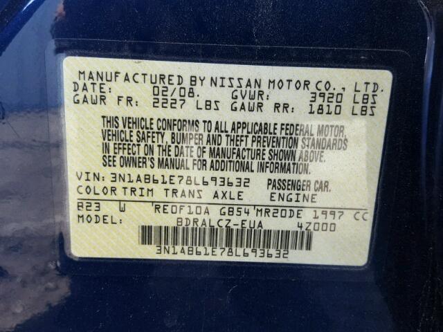 3N1AB61E78L693632 - 2008 NISSAN SENTRA 2.0 BLUE photo 10