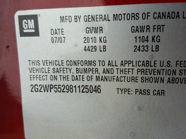 2G2WP552981125046 - 2008 PONTIAC GRAND PRIX RED photo 10