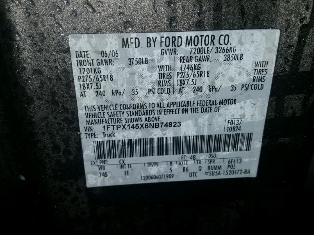 1FTPX145X6NB74823 - 2006 FORD F150 GRAY photo 10