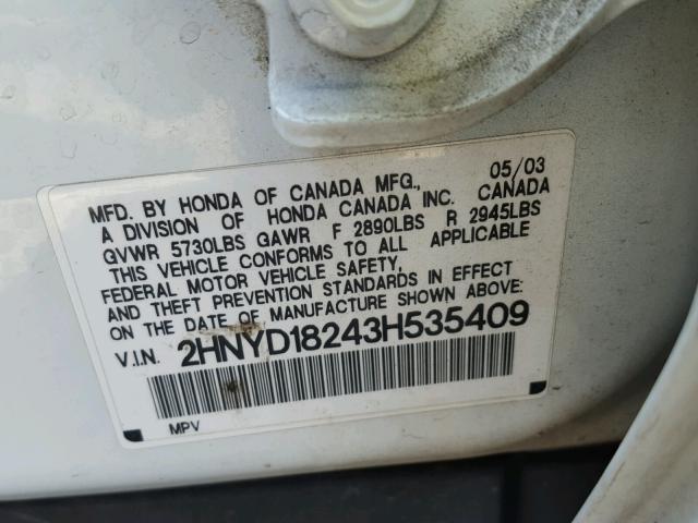 2HNYD18243H535409 - 2003 ACURA MDX WHITE photo 10