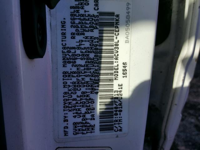 4T1BE32K12U080913 - 2002 TOYOTA CAMRY LE WHITE photo 10