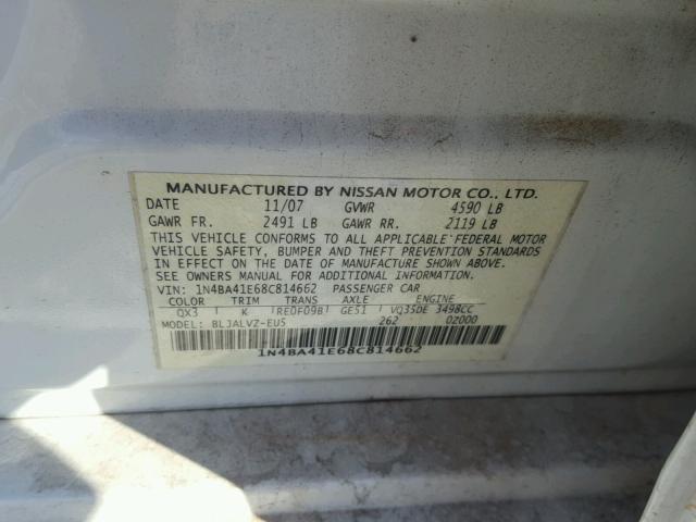 1N4BA41E68C814662 - 2008 NISSAN MAXIMA SE WHITE photo 10