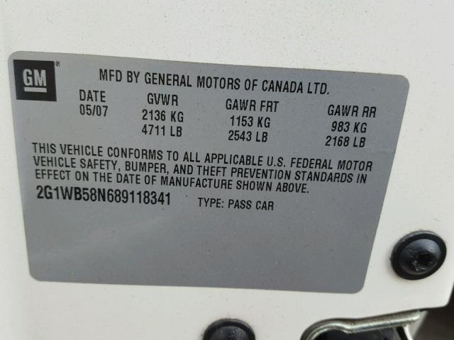 2G1WB58N689118341 - 2008 CHEVROLET IMPALA LS WHITE photo 10