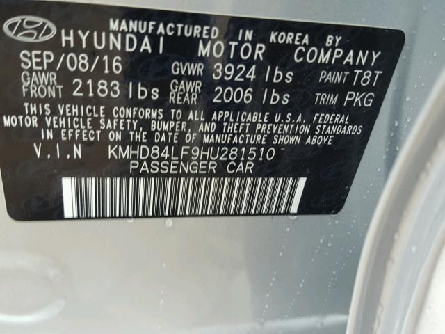 KMHD84LF9HU281510 - 2017 HYUNDAI ELANTRA SE GRAY photo 10