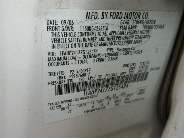 1FAHP24177G125484 - 2007 FORD FIVE HUNDR WHITE photo 10