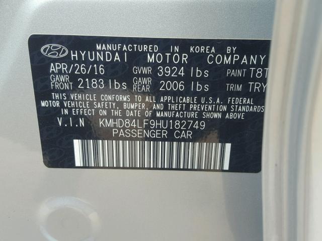 KMHD84LF9HU182749 - 2017 HYUNDAI ELANTRA SE SILVER photo 10