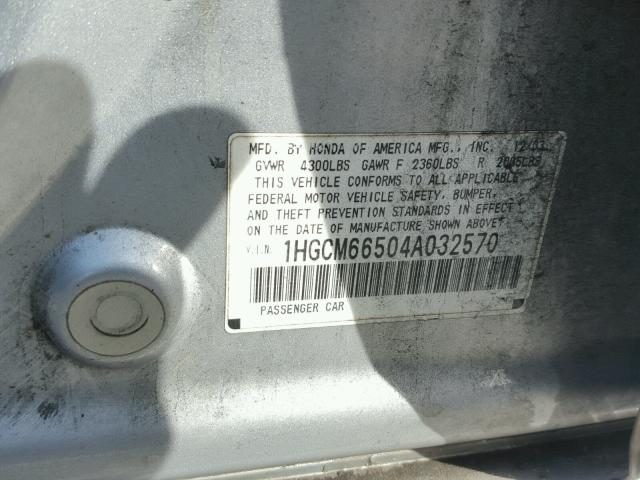 1HGCM66504A032570 - 2004 HONDA ACCORD EX SILVER photo 10