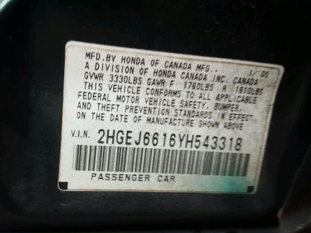 2HGEJ6616YH543318 - 2000 HONDA CIVIC BASE 绿色 照片 10