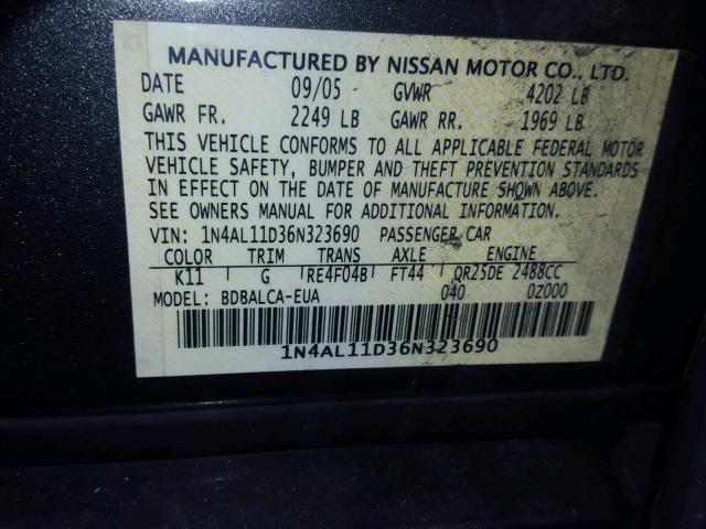 1N4AL11D36N323690 - 2006 NISSAN ALTIMA S GRAY photo 10