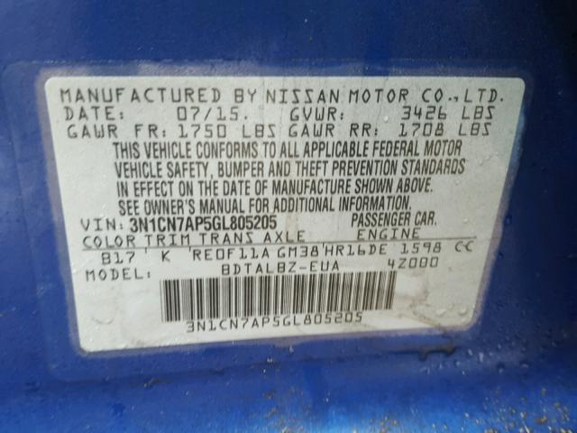 3N1CN7AP5GL805205 - 2016 NISSAN VERSA S BLUE photo 10