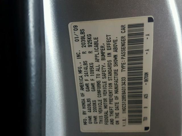 1HGCS12859A013433 - 2009 HONDA ACCORD EXL SILVER photo 10