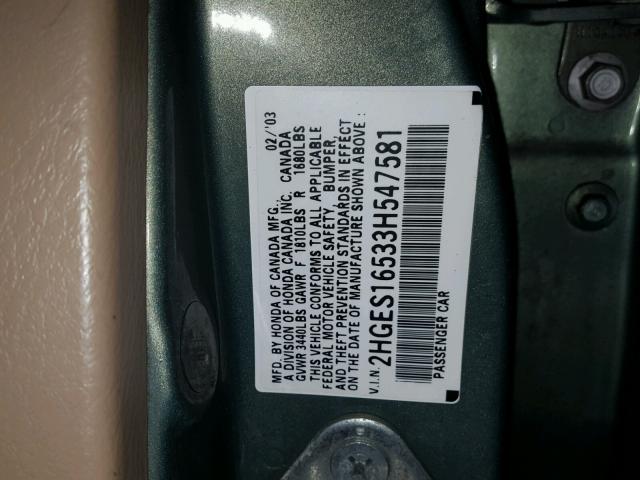 2HGES16533H547581 - 2003 HONDA CIVIC LX GREEN photo 10