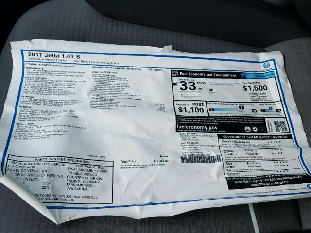 3VW167AJ5HM341757 - 2017 VOLKSWAGEN JETTA S 银色 照片 9