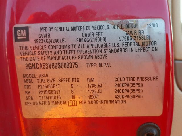 3GNCA53V89S608375 - 2009 CHEVROLET HHR LT RED photo 10