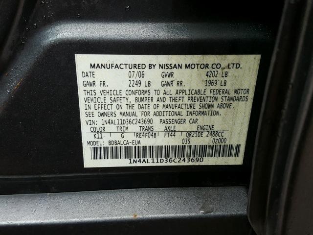 1N4AL11D36C243690 - 2006 NISSAN ALTIMA S BLACK photo 10