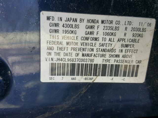 JH4CL96837C003780 - 2007 ACURA TSX BLUE photo 10