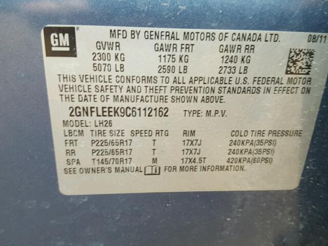 2GNFLEEK9C6112162 - 2012 CHEVROLET EQUINOX LT BLUE photo 10