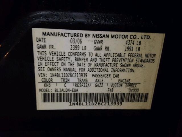 1N4BL11D26C213939 - 2006 NISSAN ALTIMA SE BLACK photo 10