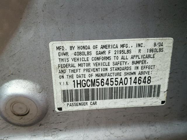 1HGCM56455A014648 - 2005 HONDA ACCORD LX SILVER photo 10