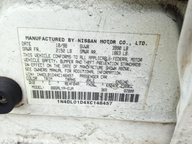 1N4DL01D4XC146457 - 1999 NISSAN ALTIMA XE WHITE photo 10