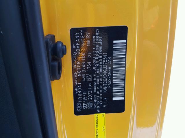 KMHTC6AD4GU275541 - 2016 HYUNDAI VELOSTER B YELLOW photo 10