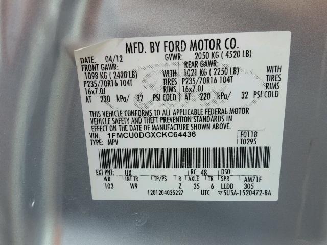 1FMCU0DGXCKC64436 - 2012 FORD ESCAPE XLT SILVER photo 10