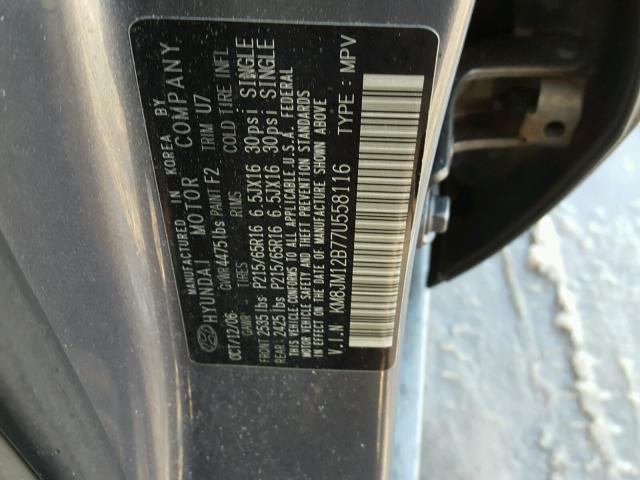 KM8JM12B77U558116 - 2007 HYUNDAI TUCSON GLS GRAY photo 10