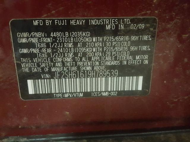 JF2SH61619H789539 - 2009 SUBARU FORESTER 2 BURGUNDY photo 10