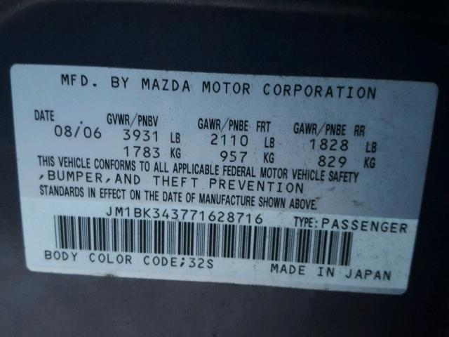 JM1BK343771628716 - 2007 MAZDA 3 HATCHBAC GRAY photo 10