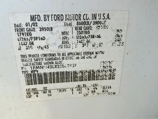 1FMNU42LX2EB65967 - 2002 FORD EXCURSION WHITE photo 10