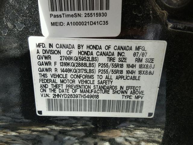 2HNYD28397H549018 - 2007 ACURA MDX TECHNO BLACK photo 10