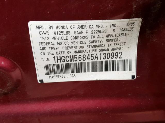 1HGCM56845A130992 - 2005 HONDA ACCORD EX RED photo 10