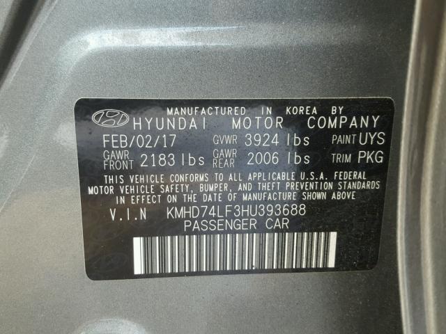 KMHD74LF3HU393688 - 2017 HYUNDAI ELANTRA SE GRAY photo 10