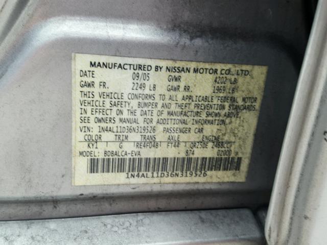 1N4AL11D36N319526 - 2006 NISSAN ALTIMA S SILVER photo 10