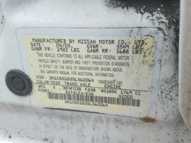 3N1CB51D35L560064 - 2005 NISSAN SENTRA 1.8 WHITE photo 10