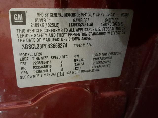 3GSCL33P08S668274 - 2008 SATURN VUE XE RED photo 10