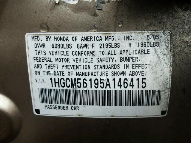 1HGCM56195A146415 - 2005 HONDA ACCORD DX GOLD photo 10