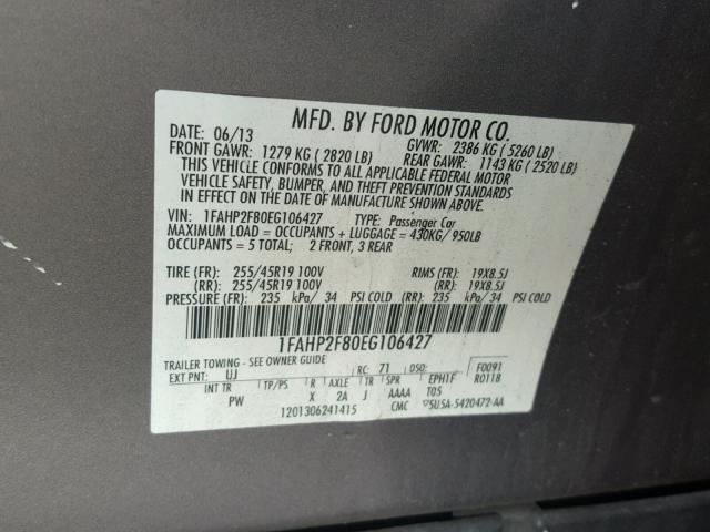 1FAHP2F80EG106427 - 2014 FORD TAURUS LIM GRAY photo 10