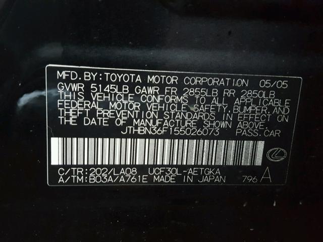 JTHBN36F155026073 - 2005 LEXUS LS 430 BLACK photo 10