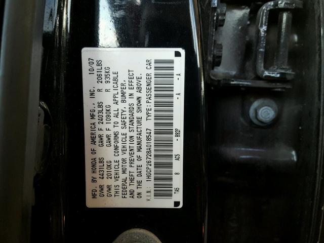 1HGCP26728A018547 - 2008 HONDA ACCORD EX BLACK photo 10