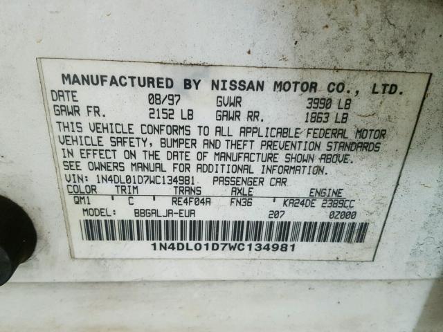 1N4DL01D7WC134981 - 1998 NISSAN ALTIMA XE WHITE photo 10