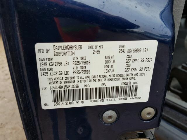 1J4GL48K15W613536 - 2005 JEEP LIBERTY SP BLUE photo 10