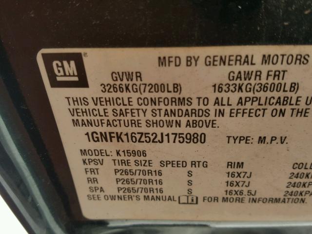 1GNFK16Z52J175980 - 2002 CHEVROLET SUBURBAN K GREEN photo 10