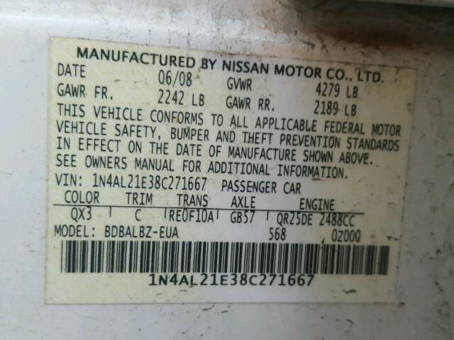 1N4AL21E38C271667 - 2008 NISSAN ALTIMA 2.5 WHITE photo 10