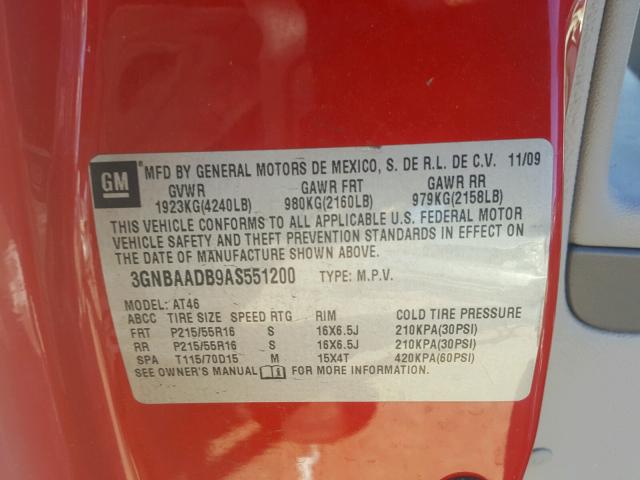 3GNBAADB9AS551200 - 2010 CHEVROLET HHR LS RED photo 10