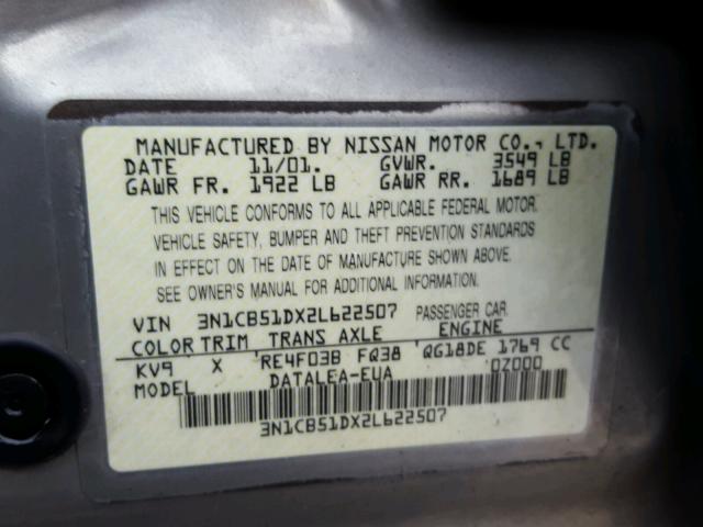 3N1CB51DX2L622507 - 2002 NISSAN SENTRA XE BEIGE photo 10