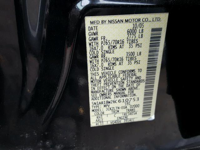 5N1AR18W26C610753 - 2006 NISSAN PATHFINDER BLACK photo 10