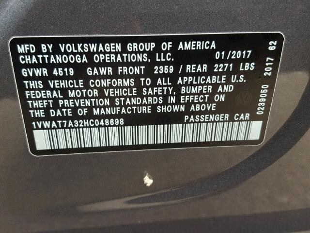 1VWAT7A32HC048698 - 2017 VOLKSWAGEN PASSAT S GRAY photo 10